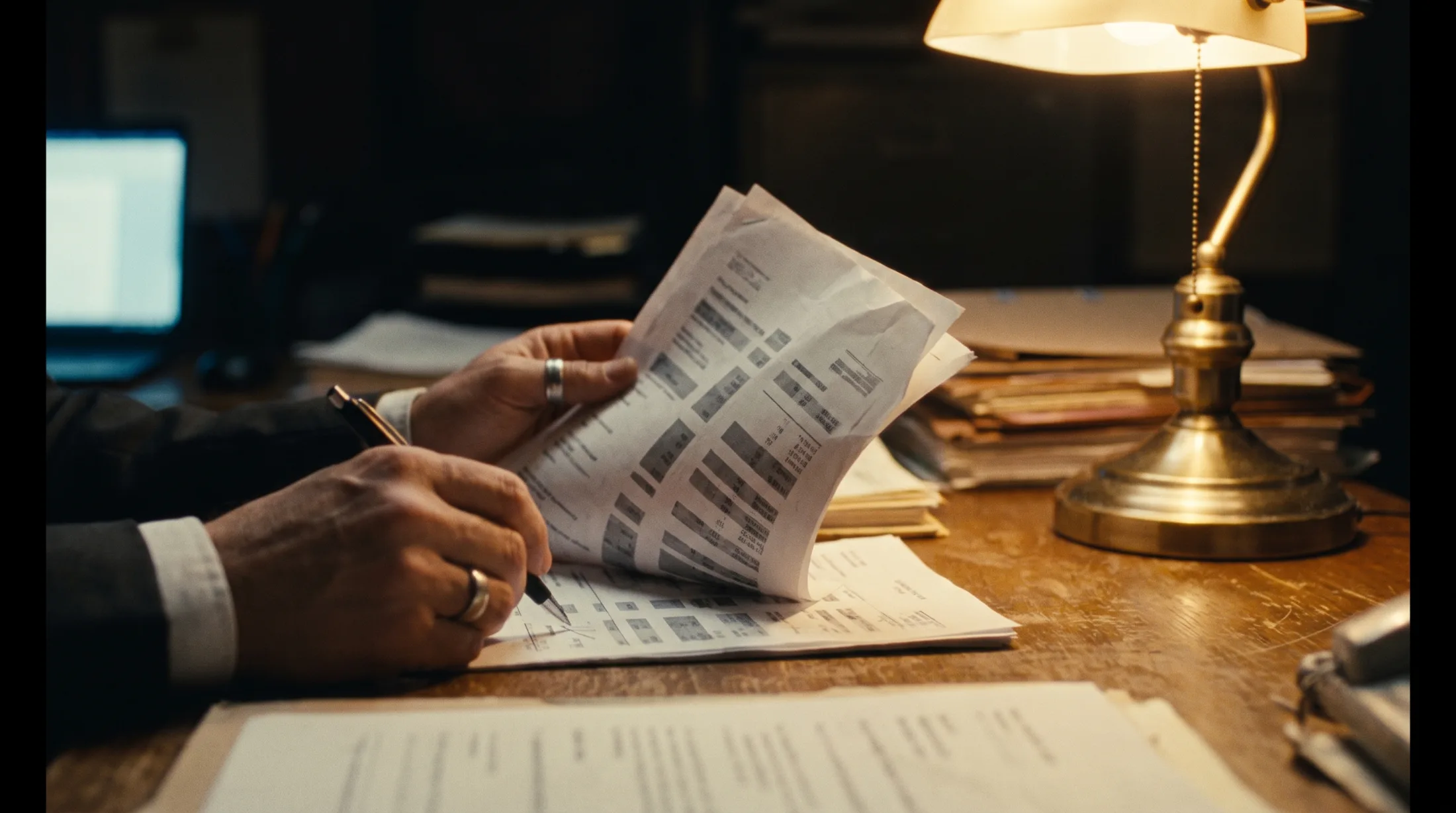 Mãos de um auditor revisando demonstrativos sob a luz de um abajur (imagem ilustrativa)